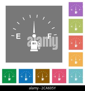 Fuel indicator flat icons on simple color square backgrounds Stock Vector