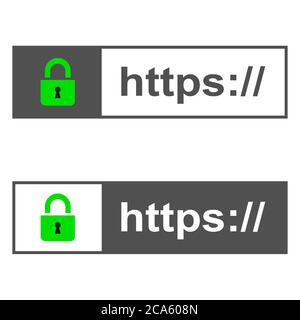 HTTPS with green locked padlock. Secure connection concept on browser address bar. Stock Vector