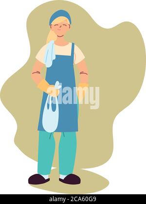 cleaning service woman with gloves and cleaning utensils vector illustration design Stock Vector