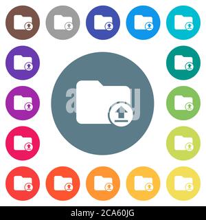 Upload directory flat white icons on round color backgrounds. 17 background color variations are included. Stock Vector