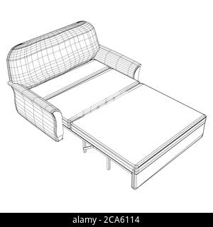 Wireframe of a folding sofa made of black lines on a white background. Isometric view. 3D. Vector illustration. Stock Vector