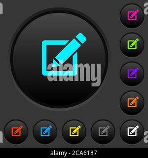 Editing box with pencil dark push buttons with vivid color icons on dark grey background Stock Vector