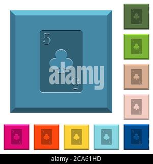 five of clubs card engraved icons on edged square buttons in various trendy colors Stock Vector
