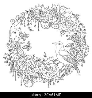 Vector coloring wreth with bird and flowers in circle composition. Decorative vector illustration black contour isolated on white background. Stock il Stock Vector