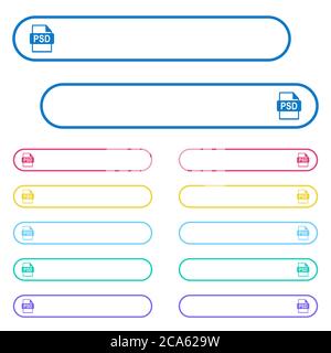 PSD file format icons in rounded color menu buttons. Left and right side icon variations. Stock Vector