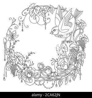 Vector coloring ornamental wreth with bird and grape and flowers in circle composition. Decorative illustration black contour isolated on white. For d Stock Vector