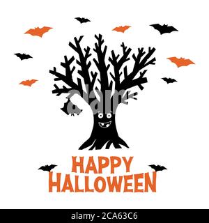 Dry funny tree with hanging bat and flying bats. Happy Halloween orange lettering. Holiday greeting card. Isolated on white background. Vector stock Stock Vector