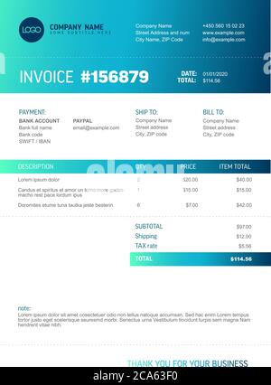 Vector minimalist invoice template design for your business / company - blue green version Stock Vector