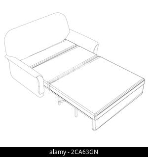 Contour of a folding sofa made of black lines on a white background. Isometric view. Vector illustration. Stock Vector