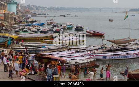 Prespective of Varanasi, taken on the ghats on ganges river. March 2020. Stock Photo