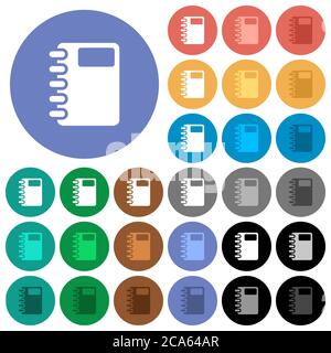 Spiral notebook multi colored flat icons on round backgrounds. Included white, light and dark icon variations for hover and active status effects, and Stock Vector