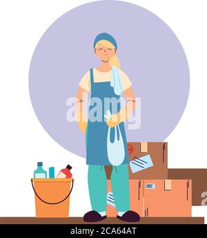 cleaning service woman with gloves, cleaning utensils and boxes vector illustration design Stock Vector