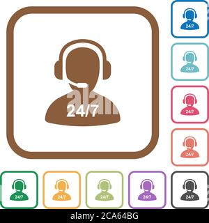 24 hours operator service simple icons in color rounded square frames on white background Stock Vector
