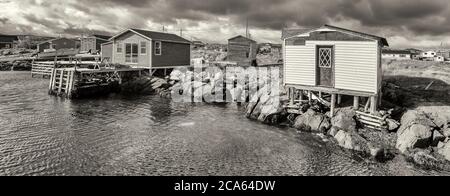 View of fishing stages, Tilting, Fogo Island, Newfoundland Stock Photo