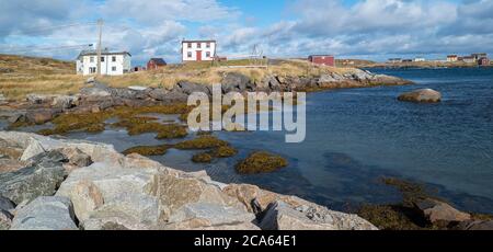 View of fishing stages, Tilting, Fogo Island, Newfoundland Stock Photo