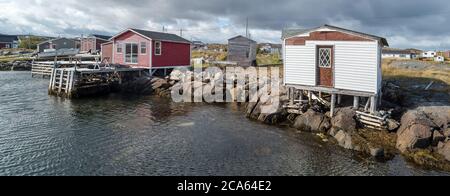 View of fishing stages, Tilting, Fogo Island, Newfoundland Stock Photo