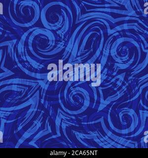 Vector blue seamless pattern of waves or swirl drawn with a brush for decor on a dark background.Smooth uneven lines in the form of spirals of corners Stock Vector