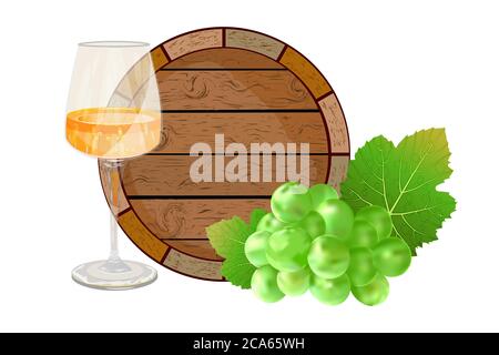 Barrel, wine and grapes isolated on white background. Wooden wine keg, white dry wine glass and green bunch grape. Winery signboard. Stock vector Stock Vector