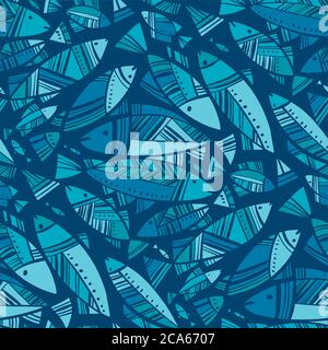 Blue mosaic Nord fish seamless pattern for background, fabric, textile, wrap, surface, web and print design. Mosaic herring decorative rapport. . Stock Vector