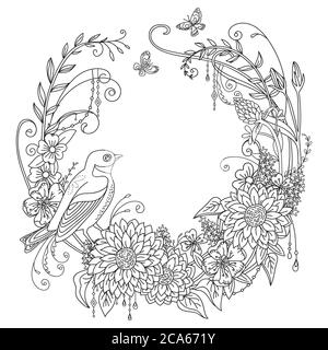 Vector coloring ornamental wreth with bird and flowers in circle composition. Decorative illustration black contour drawing isolated on white. For des Stock Vector