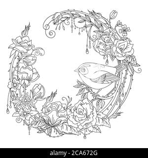 Vector coloring ornamental wreth with cute bird and flowers in circle composition. Decorative illustration black contour drawing isolated on white. Fo Stock Vector