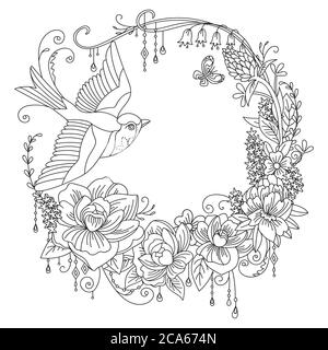 Vector coloring ornamental wreth with bird and flowers in circle composition. Decorative abstract vector illustration black contour isolated on white Stock Vector