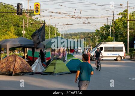 Sofia, Bulgaria. 3rd August 2020. Tents are seen at a major intersection in the streets of Sofia Bulgaria as the anti-Government peaceful protests against corruption intensify across the country for the last 26 days with some major streets and intersections around the parliament building blocked by tents and barricades and the capital city centre is totally closed for transport. Stock Photo