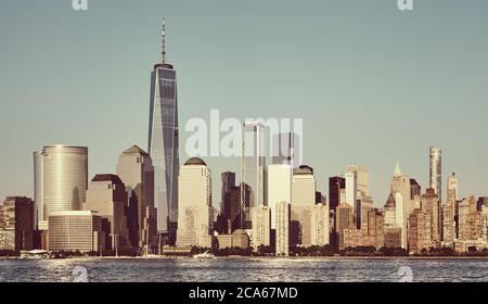 Manhattan skyline with cloudless sky at sunset, color toning applied, New York City, USA. Stock Photo