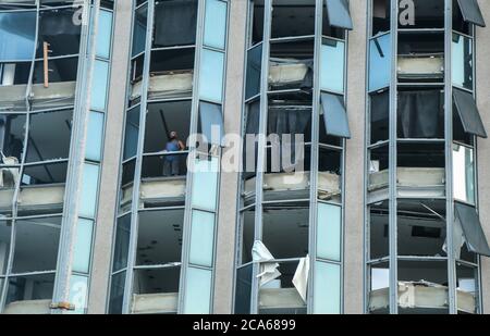 Beirut, Lebanon. 04th Aug, 2020. The facade of a building is seen shattered following a massive explosion in Beirut's port. Credit: Marwan Naamani/dpa/Alamy Live News Stock Photo