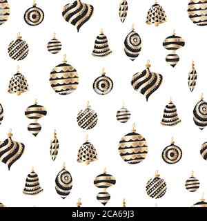 Gold and black luxury xmas balls seamless pattern for background, fabric, textile, wrap, surface, web and print design. Christmas baubles  folk-style Stock Vector