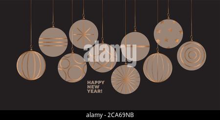 New year greeting card or invitation in beige and black color. Elegant serious style Christmas balls for office and business vibes projects. xmas deco Stock Vector