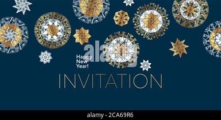 Luxury elegant gold and white star and snowflakes for card, header, invitation, poster, social media, post publication. Stock Vector