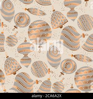 Gold and gray elegant ornamental xmas baubles seamless pattern for background, fabric, textile, wrap, surface, web and print design. Hand drawn elegan Stock Vector
