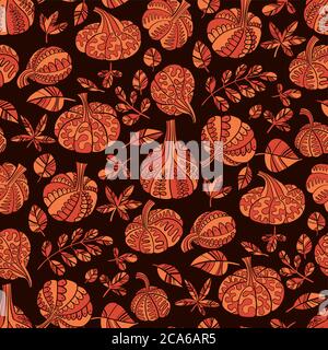 Black and orange folk style pumpkin seamless pattern for background, wrap, fabric, textile, wrap, surface, web and print design. Colorful stencil shap Stock Vector