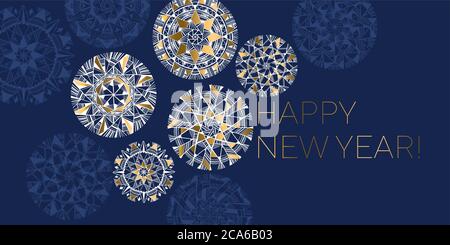 Elegant mandala style snowflakes header composition. Luxury marine blue winter snow flakes for card, header, invitation, poster, social media, post pu Stock Vector