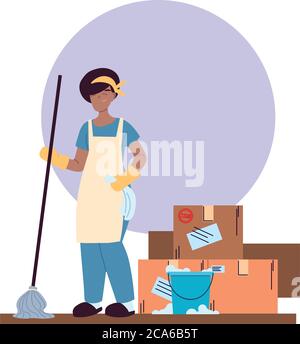 cleaning service woman with gloves, cleaning utensils and boxes vector illustration design Stock Vector
