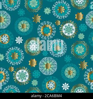 Emerald green and gold snowflakes seamless pattern for background, fabric, textile, wrap, surface, web and print design. Luxury hand drawn big winter Stock Vector