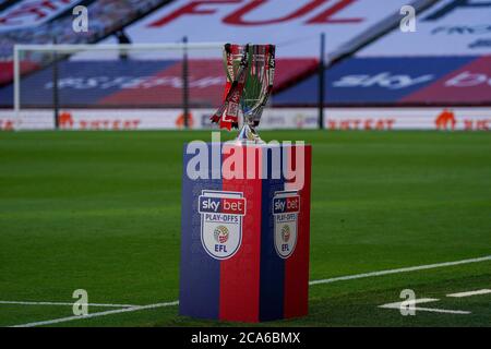 London, UK. 04th Aug, 2020. General view of the trophy ahead of the Sky Bet Championship Play-Off Final match between Brentford and Fulham at Wembley Stadium, London, England on 4 August 2020. Football Stadiums remain empty due to the Covid-19 Pandemic as Government social distancing laws prohibit supporters inside venues resulting in all fixtures being played behind closed doors until further notice. Photo by Andrew Aleksiejczuk/PRiME Media Images. Credit: PRiME Media Images/Alamy Live News Stock Photo