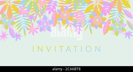 Pastel neon tropical flowers and leaves invitation. Vivid RGB colors geometric tropical cards. Design element for web banners, posters, cards, wallpap Stock Vector
