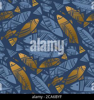 Blue and gold abstract fish seamless pattern for background, wrap, fabric, textile, wrap, surface, web and print design. Goldfish, herring, cod decora Stock Vector