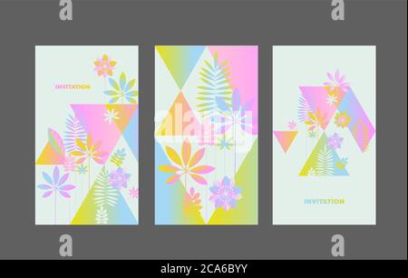 Modern abstract exotic flowers and leaves in pale color. Neon RGB colors geometric tropical cards. Design element for web banners, posters, cards, wal Stock Vector