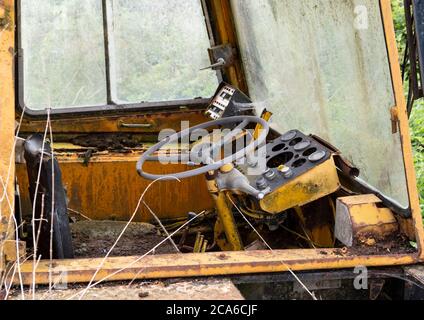 Old mobile crane cab controls Stock Photo