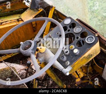 Old mobile crane cab controls Stock Photo