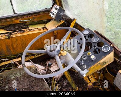 Old mobile crane cab controls Stock Photo