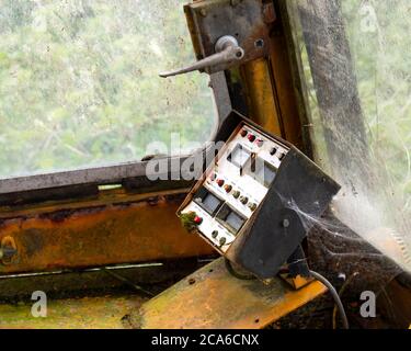 Old mobile crane cab controls Stock Photo