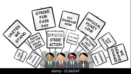 Workers on strike demonstrating with their demands on placards isolated on white background Stock Vector