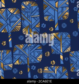 Luxury gold and blue xmas tree silhouette seamless pattern for background, wrap, fabric, textile, wrap, surface, web and print design. Nordic laconic Stock Vector