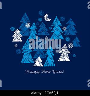 Deep blue decorative xmas tree vector element for card, header, invitation, poster, social media, post publication. Simple silhouette winter forest st Stock Vector