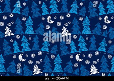 Deep blue decorative xmas tree seamless pattern for background, fabric, textile, wrap, surface, web and print design. Simple silhouette winter forest Stock Vector