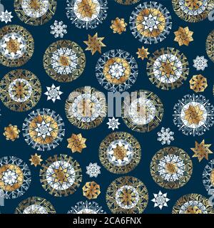 Gold and white complicated winter star and snowflake elegant seamless pattern for background, fabric, textile, wrap, surface, web and print design. Ha Stock Vector